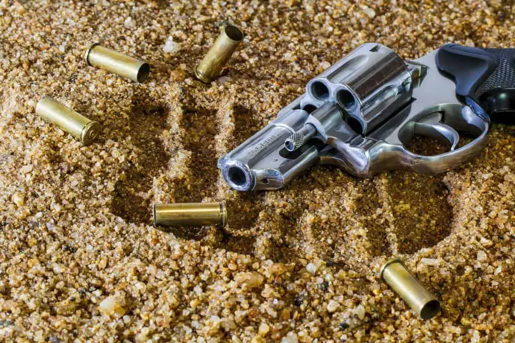 Empty, silver revolver laid flat on soil with a few scattered bullets and a footprint