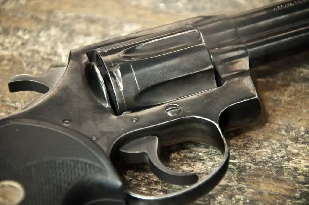 Close up of an old black revolver gun