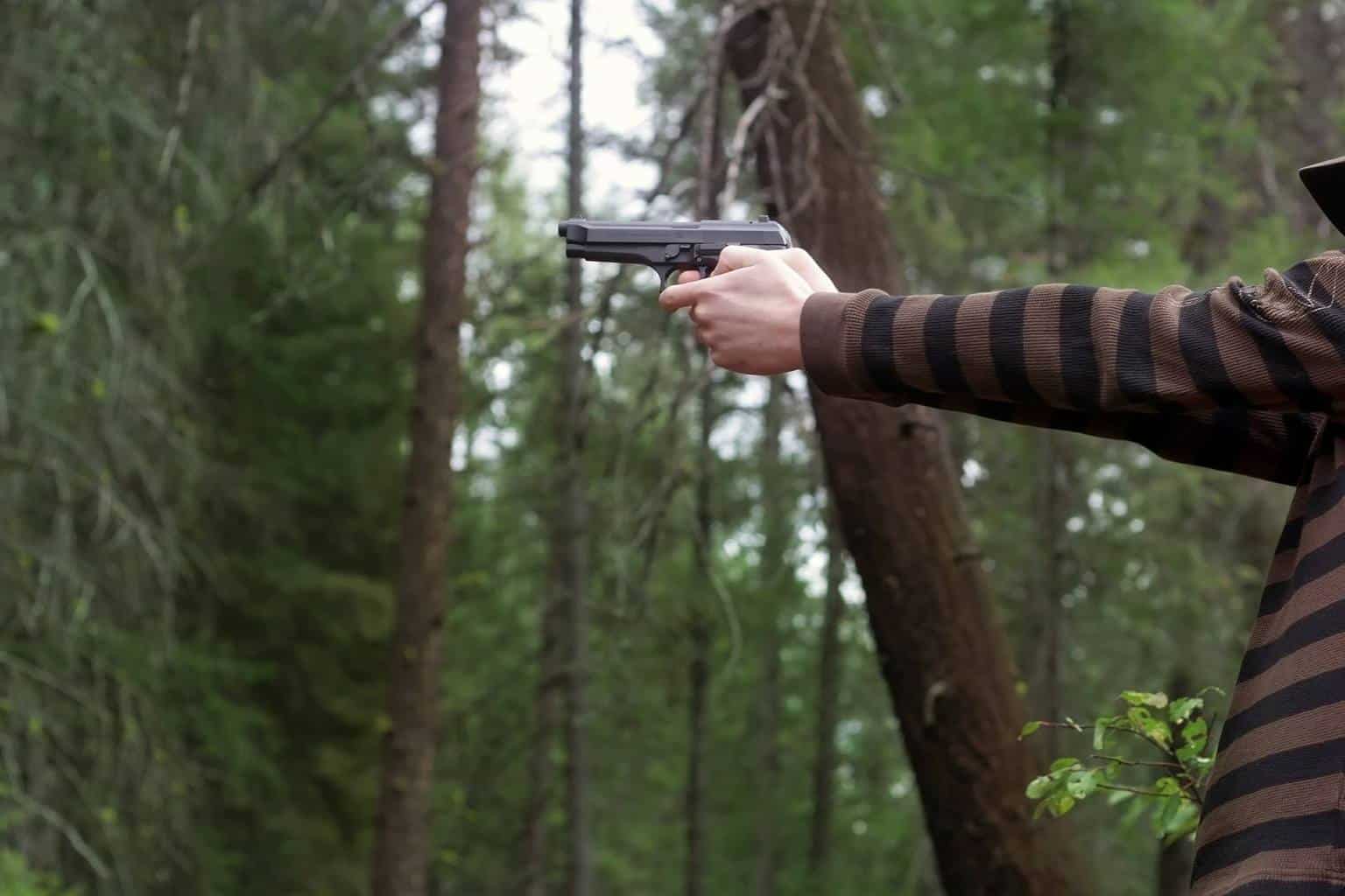 Person holding a gun in a forest