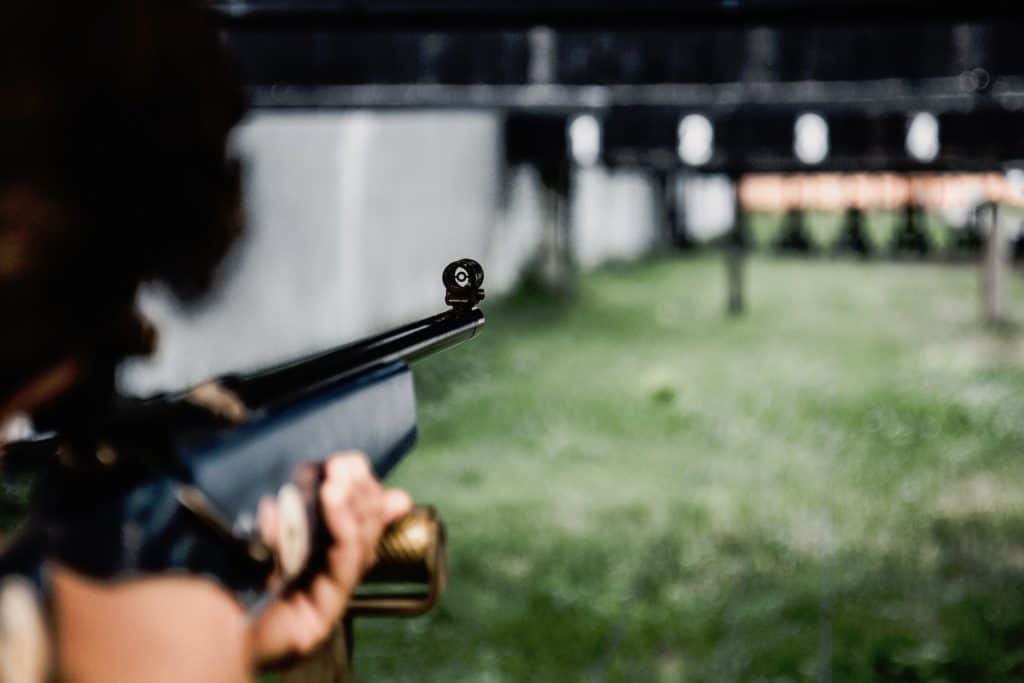 Person aiming a rifle at a target board