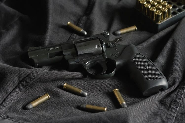 Handgun with bullets surrounding it