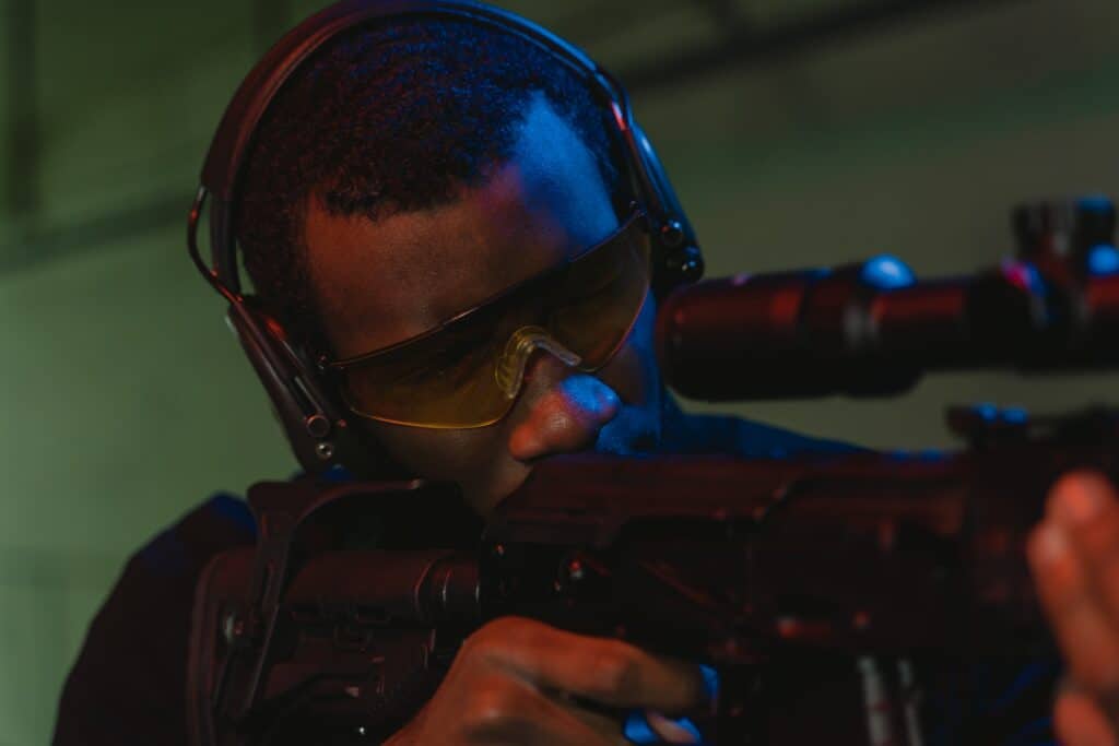 Man aiming his gun in a shooting range in Washington
