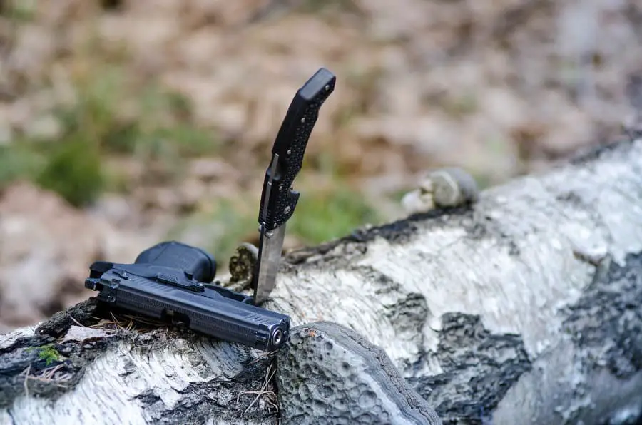 Gun and knife on a tree
