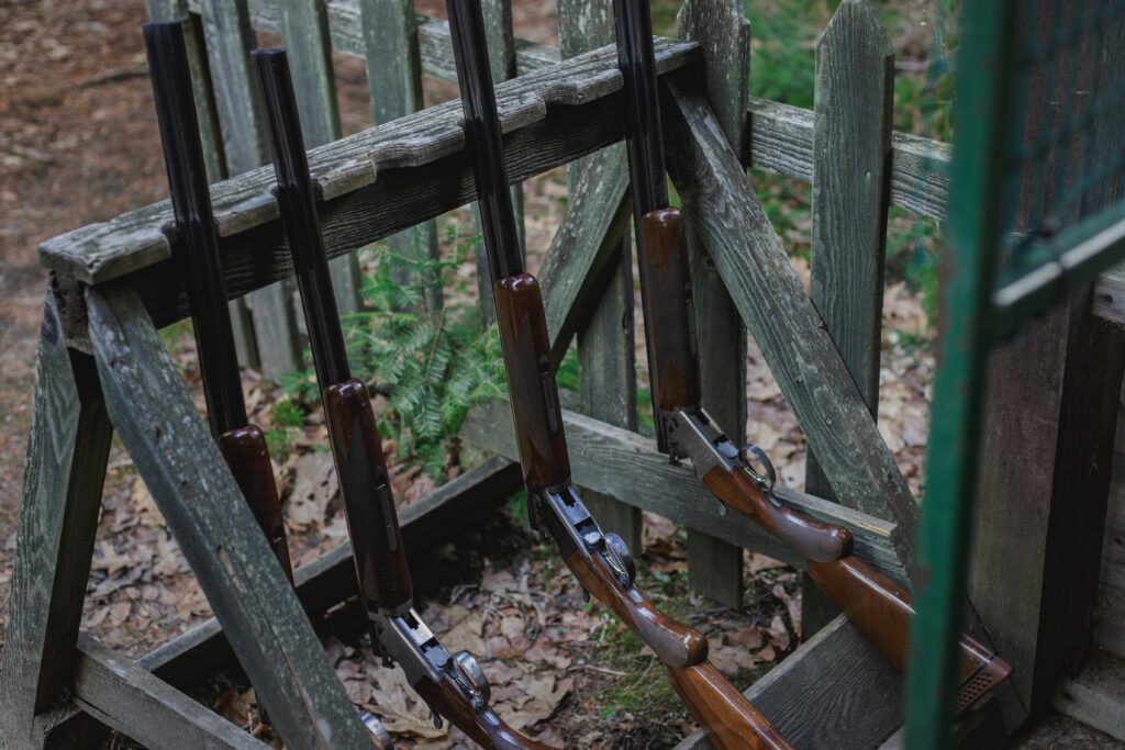 Four shotguns leaning on a wood