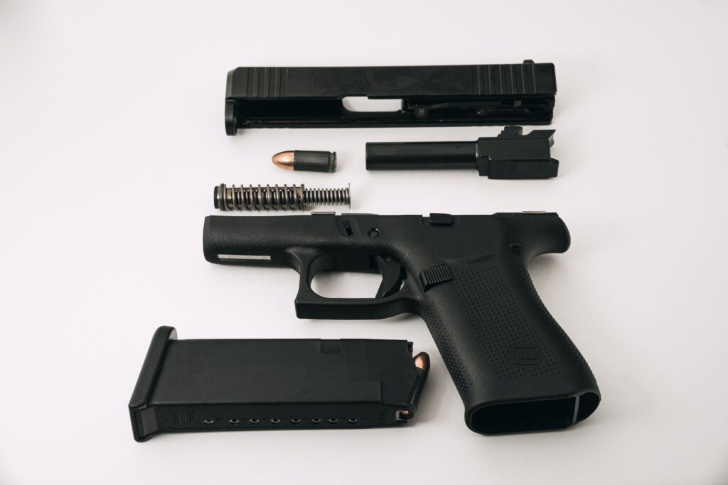 A disassembled handgun