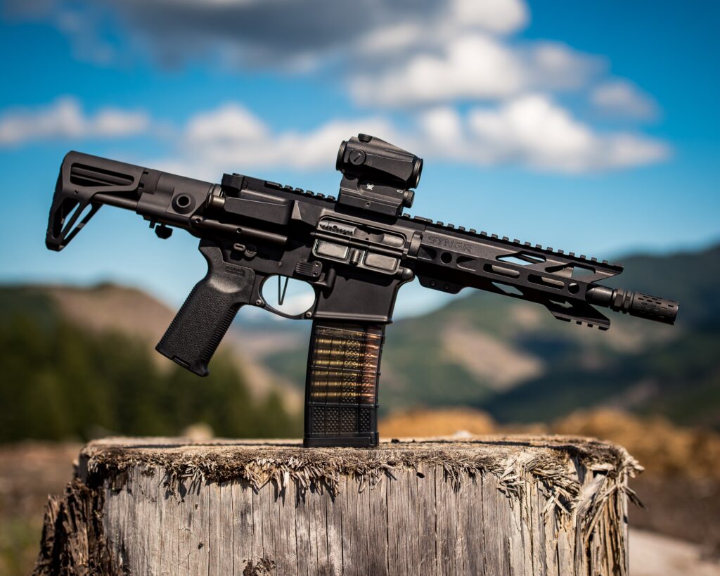 rifle laid on top of a log