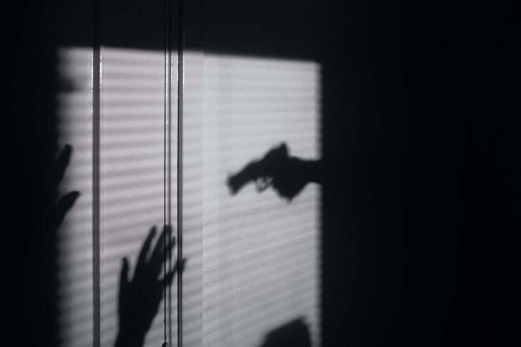 shadow of a gun pointed at a scared person