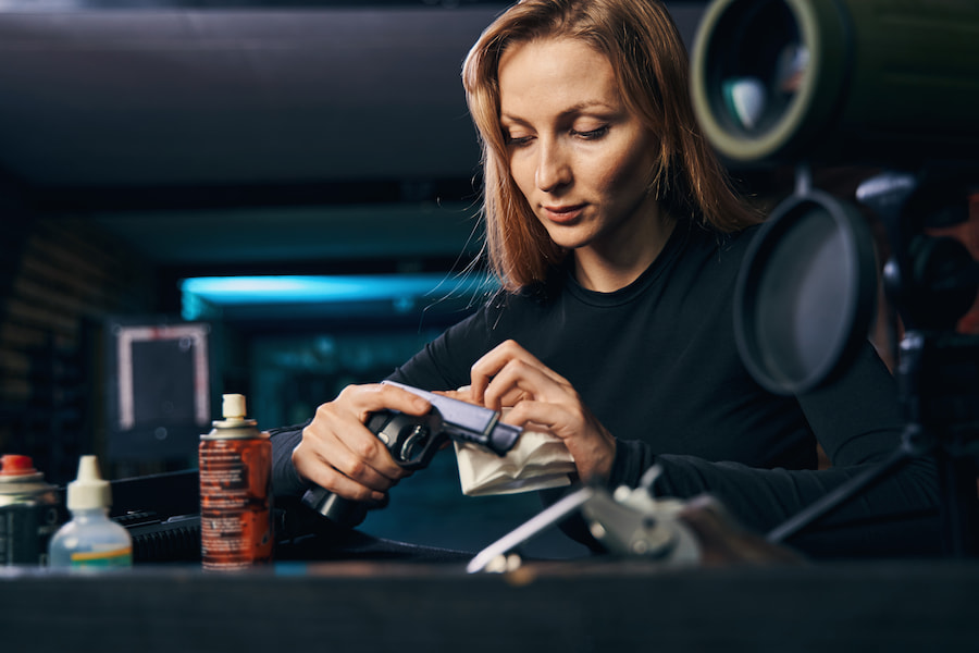 A woman maintaining a gun using a gun solvent